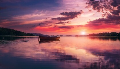 幻想的な夕焼け空を映し出す静かな湖面と浮かぶ小さなボート