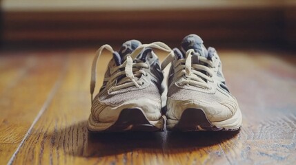 Worn Running Shoes on Wooden Floor in Natural Light Setting