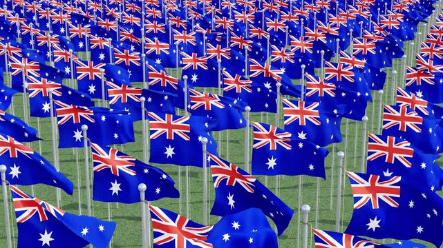 High resolution digital render of Australian Flags flying in the wind with blue sky. Australian national flags being flown against a perfect blue sky in summer. Wind, patriotic, symbol, fluttering, na