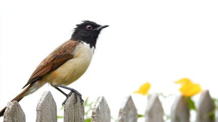 Bird perched on fence, garden background, nature photography, wildlife