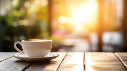 Obraz premium Sunrise Coffee: A Warm Morning Beverage on Wooden Table