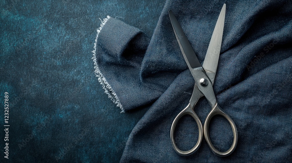 Poster sharp scissors over a dark fabric background with frayed edge