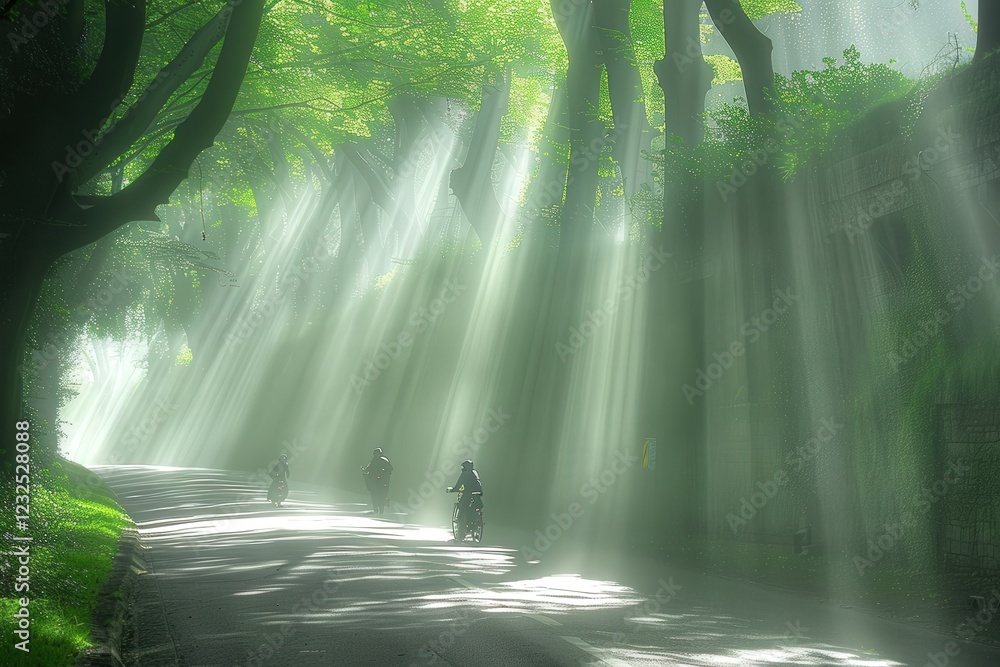 Poster sunlight streams through a lush forest, illuminating a winding road where two riders pass, creating 