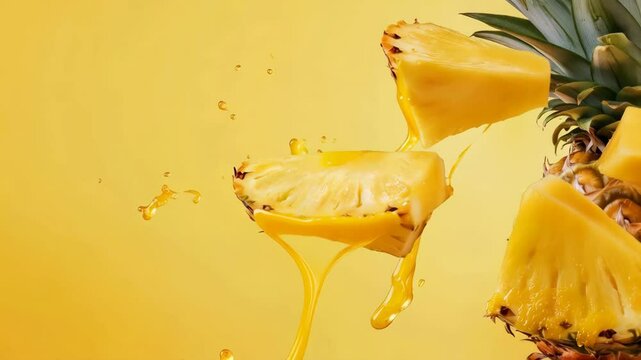 Slices of fresh pineapple levitate against a vibrant yellow backdrop, accompanied by splashes of pineapple juice, creating a dynamic and refreshing visual