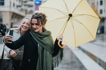 Two cheerful women take a selfie under a bright yellow umbrella, enjoying a rainy day in the city....