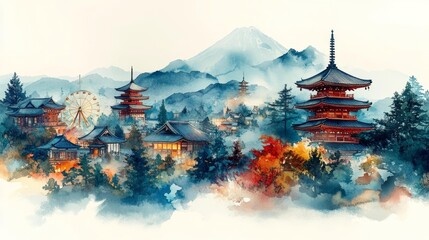 Obraz premium Watercolor illustration of a vibrant Japanese city with traditional shrines colorful rooftops and modern skyscrapers at the foot of a mountain range. Generative AI