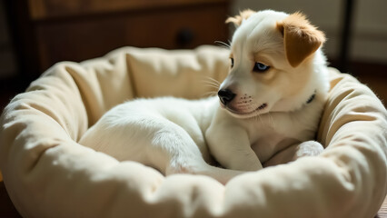 A white puppy sleeps on a warm mat. The curious kitten series.