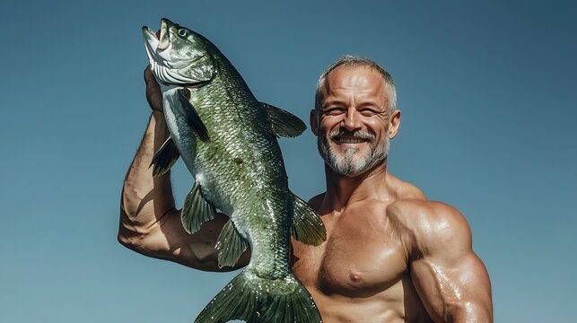 Muscular man proudly displays large fish catch outdoors; sunny sky background. Ideal for fishing, health, or lifestyle websites