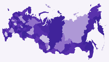 Obraz premium Map of Russia with regions. Just a simple country border map with region division. Deep purple color palette. Blank Russian Federation shape with administrative division. Vector illustration.