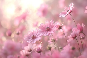 Pink flowers bloom in a vibrant field under soft sunlight during springtime, creating a serene atmosphere of natural beauty