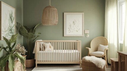 Serene nursery with crib, chair, plants, and sage green walls.