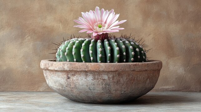 Blooming cactus in rustic terracotta pot against textured background.