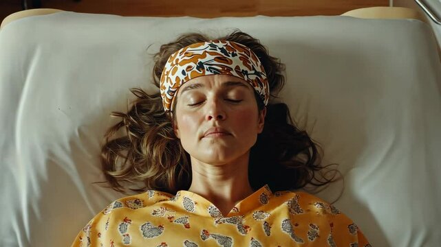 Woman resting in hospital bed wearing a patterned headband and yellow hospital gown