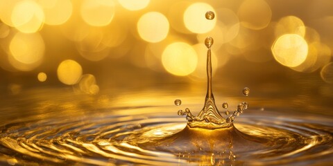 Golden liquid drop splashing, bokeh background, luxury, elegance