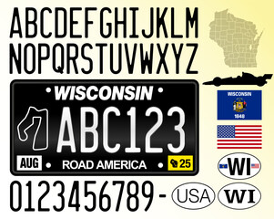 Wisconsin Road America license plate black pattern, letters, numbers and symbols, USA, United States of America, vector illustration
