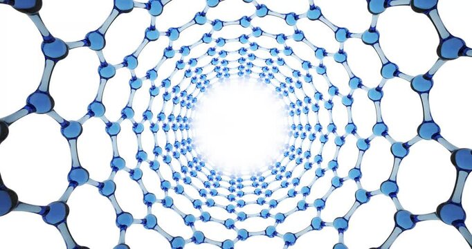 Rotating carbon nanotube. Close up view. Structure of graphene its natural hexagonal geometric form. Isolated on a white background. Seamless loop. 3D rendering.