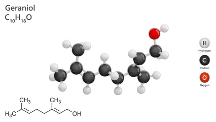 Molecule: Geraniol. Flavoring agent. Molecular structure. Formula: C10H18O. Chemical model: Ball and stick. White background. 3D illustration.