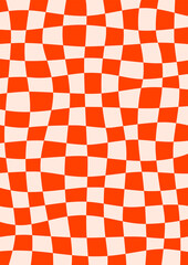 Retro background with abstract psychedelic checkerboard. Groovy red checkered pattern. Trendy plaid vector texture in abstract y2k style. Vector graphic for posters and art prints