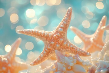 Colorful starfish and seashells resting on a sandy shoreline by the sea in bright sunlight
