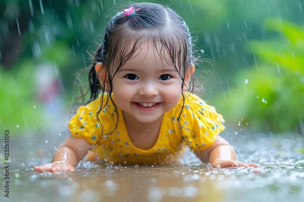 Poster child playing joyfully in the rain while crawling on a wet surface in a lush outdoor setting