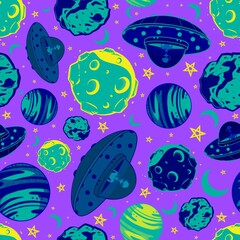 Alien in space cartoon illustration. Space travel and exploration seamless pattern on purple background.