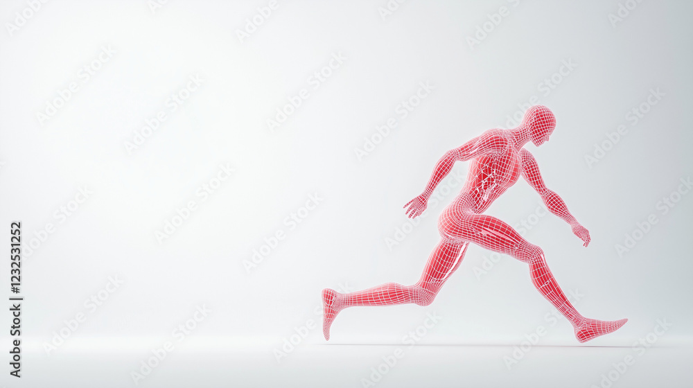Poster running anatomy: a stylized, translucent anatomical figure sprints across a minimalist background, s