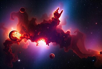 Fototapeta premium Cosmic Hand Reaching Across Nebulae and Planets