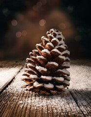 雪に覆われた松ぼっくりが、シンプルな木製のテーブルの上に静かに置かれている