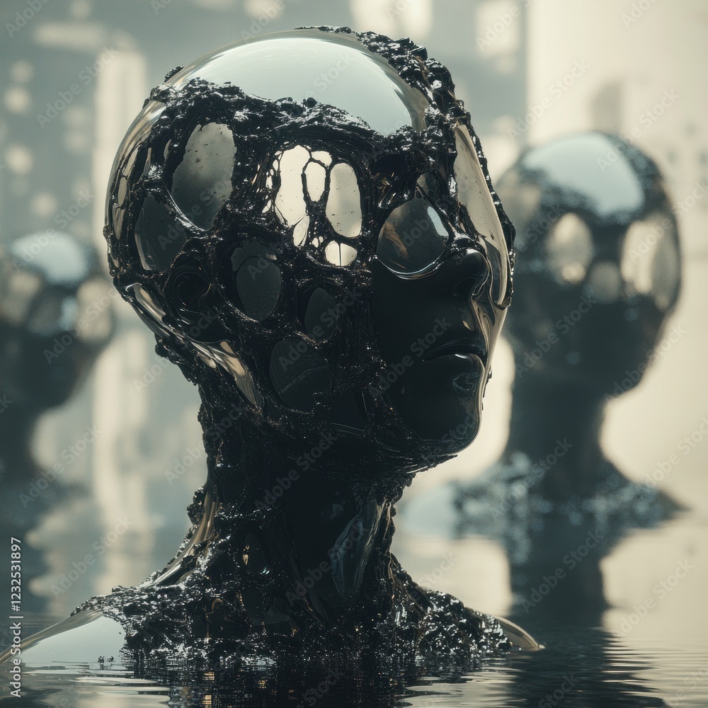 Poster sculptures of faceless figures emerging from a reflective pool in an abstract urban environment at d