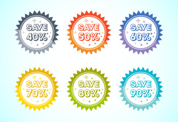 Naklejka premium Save 40, 50, 60, 70, 80, and 90 percent icon, banner, sticker for business, marketing and advertising