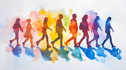 Silhouettes of diverse people walking together, symbolizing unity and inclusion, vibrant watercolor