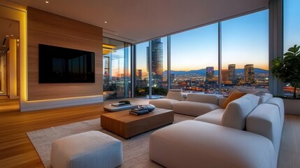 Innovative and Smart Luxury Living Room Design with Expansive Panoramic City Skyline View  Cozy Comfortable and Technologically Advanced Home Interior for Modern Urban Lifestyle