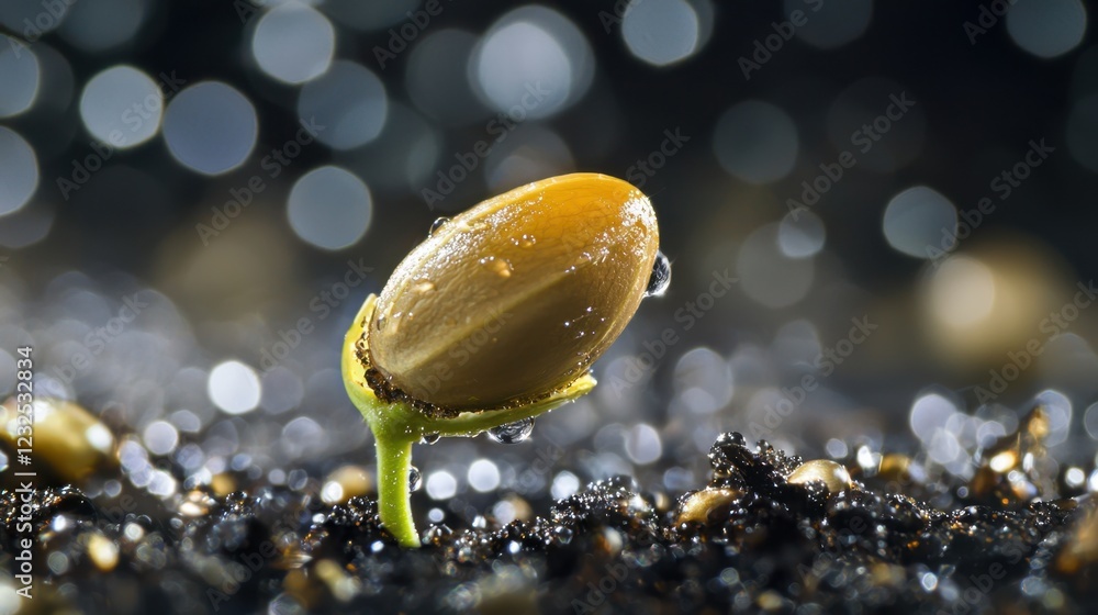 Poster seedling emerging from soil with bokeh background and water droplets
