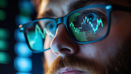 Man's face with glasses, reflecting digital stock charts, line graphs, and data. Green-blue glow lights up lenses in low lighting, capturing intense focus, finance, and data-driven atmosphere