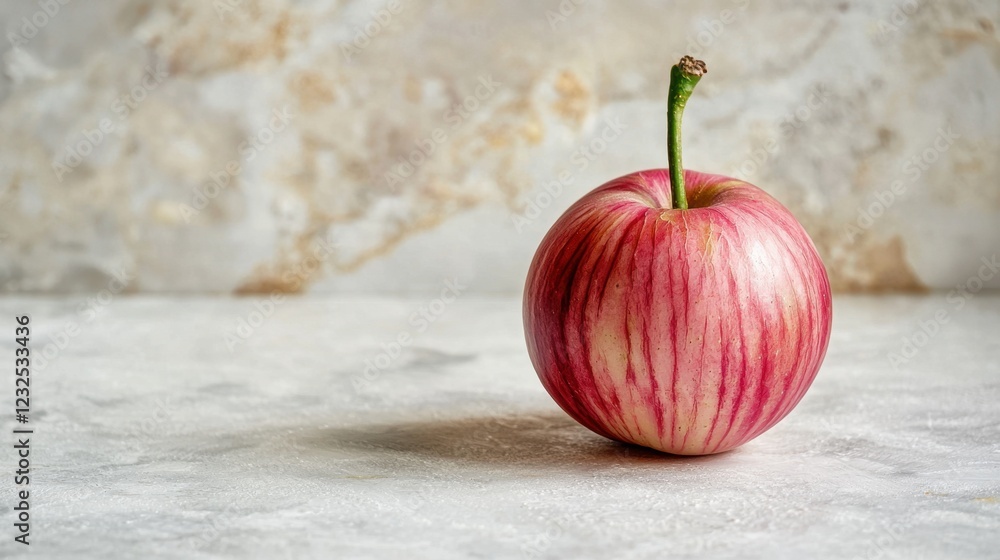 Poster fresh red apple on marble surface with subtle textured background