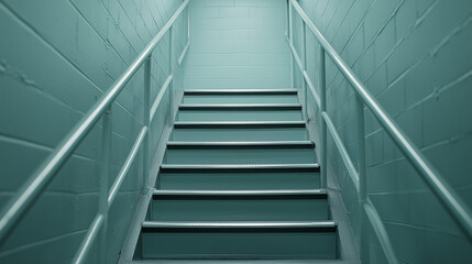 A Stairway to Somewhere: An inviting set of teal-colored steps leading upwards, a journey to unknown destinations.  The textured brick walls and clean.