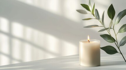 Serene White Candle with Eucalyptus Branch and Soft Shadows