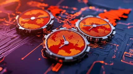 Futuristic Clocks on Circuit Board with World Map Illustration