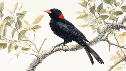 Black bird perched on branch, foliage background, wildlife illustration
