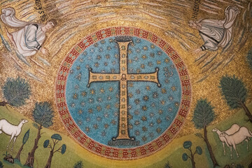 Ancient Byzantine Mosaic with Golden Cross and Religious Scene..