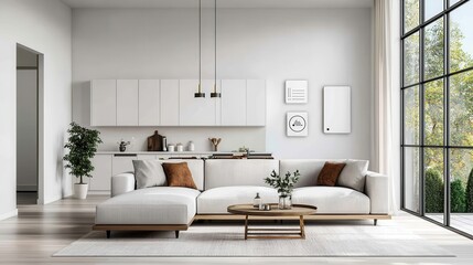 Fototapeta premium Stylish and contemporary modern home interior design with floating IoT devices smart home technology and minimalist decor creating a cozy and comfortable living environment
