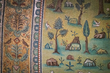 Ancient Byzantine Mosaic with Sheep and Lush Landscape