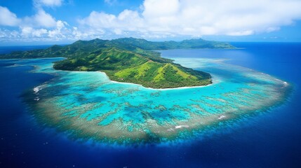 Naklejka premium Aerial view of a small tropical island surrounded by vibrant coral reefs and deep blue waters