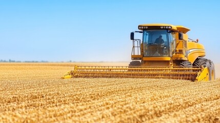 Fototapeta premium A combine harvester efficiently harvests crops in a golden field under a clear blue sky.