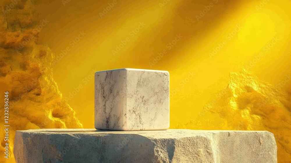 Poster white block positioned on a vibrant yellow background creating a simple geometric composition