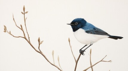 Fototapeta premium Black-capped chickadee perched on branch, spring buds, white background, nature illustration