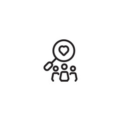 Find love icon. Magnifying glass over people with heart. Simple relationship search. Simple relationship search.