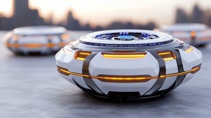 Fototapeta premium Futuristic Hovering Device with Urban Skyline Background at Sunset