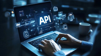 A programmer working on API development, interacting with digital icons in a modern tech workspace