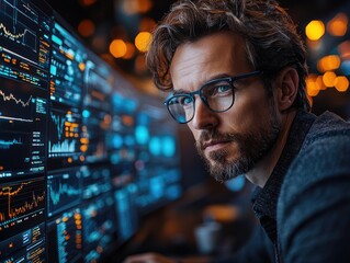 A man with glasses is looking at multiple screens displaying data charts and bokeh lights background